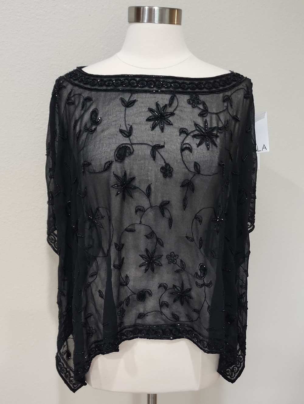 Vintage Scala Black Beaded Embroidered Topper Poncho Scoop Neck NWT OSFM